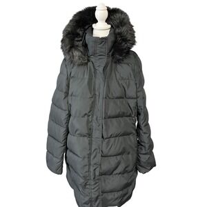 Lands' End Womens Petite XL Down Parka Coat Black Puffer Fur Trim Hood